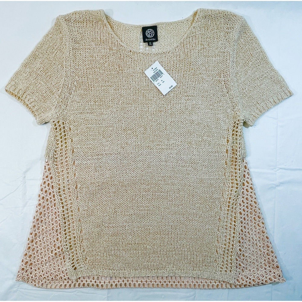Bobeau Women's XL Beige Textured Knit Short Sleeve Top Crochet Hem NWT